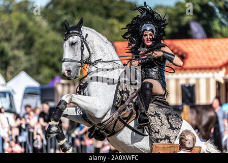 Equestrienne Stunt zeigt Pferd Anzeige an den nationalen Land Show Live im Hylands Park, Chelmsford, Essex, Großbritannien. Horse Event Team Stockfoto