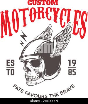 Custom Motorräder. Plakat Vorlage mit Schädel in winged Racer Helm. Design Element für Poster, Logo, Beschriftung, Schild, Abzeichen. Vector Illustration Stock Vektor