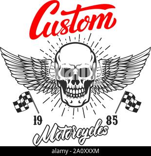 Custom Motorräder. Plakat Vorlage mit Winged Skull. Design Element für Poster, Flyer, Karten, Banner. Vector Illustration Stock Vektor