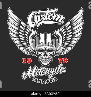 Custom Motorräder. Plakat Vorlage mit Schädel in winged Racer Helm. Design Element für Poster, Logo, Beschriftung, Schild, Abzeichen. Vector Illustration Stock Vektor