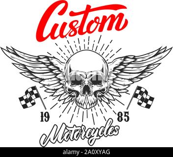 Custom Motorräder. Plakat Vorlage mit Winged Skull. Design Element für Poster, Flyer, Karten, Banner. Vector Illustration Stock Vektor