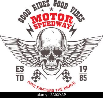 Custom Motorräder. Plakat Vorlage mit Winged Skull. Design Element für Poster, Flyer, Karten, Banner. Vector Illustration Stock Vektor