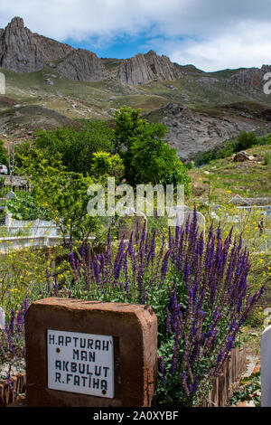 Dogubayazıt, Türkei: Gräber, Grabsteine und Blumen auf dem Friedhof neben dem kleinen Moschee in der Nähe des Ishak Pasha Palast und das Schloss von alten Beyazit Stockfoto