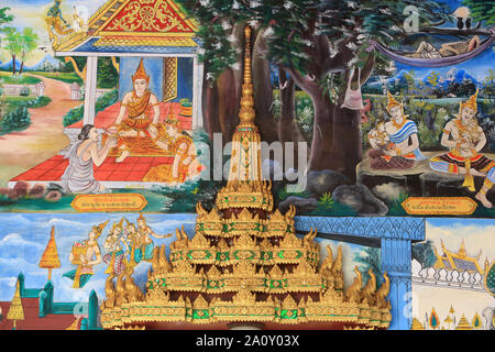 Vie de Bouddha. Peintures murales. Wat Inpeng. Vientiane. Laos. / Leben des Buddha. Wandbilder Gemälde. Wat Inpeng. Ventiane. Laos. Stockfoto