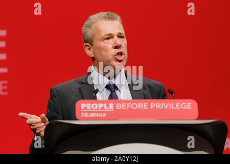 Brighton, UK. 22. September 2019. Mark Serwotka, TUC-Kongress Präsident 2019 Adressen der Labour Party Herbst Konferenz. Als geöffnet markieren der gesundheitlichen und sozialen Versorgung diskutiert. Credit: Julie Edwards/Alamy leben Nachrichten Stockfoto