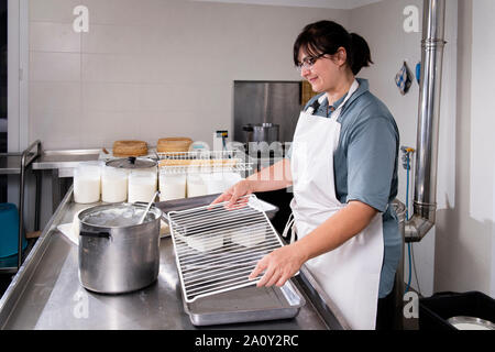 Käser bereitet auf den Tisch der Werkzeuge Käse zu machen Stockfoto