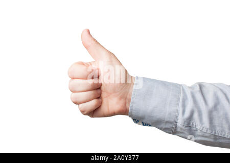 In der Nähe von Mann im blauen Shirt, Daumen hoch, auf weißem Hintergrund Stockfoto