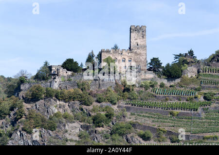 Burg Gutenfels, auch als caub Schloss bekannt, ist ein Schloss 110 m oberhalb der Stadt Kaub in Rheinland-Pfalz, Deutschland. Stockfoto