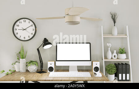 Mock up Computer mit leeren Bildschirm und Dekoration im Büro Zimmer mock up Hintergrund. 3D-Rendering Stockfoto