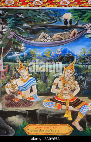 Vie de Bouddha. Peinture murale. Wat Inpeng. Vientiane. Laos. / Leben des Buddha. Decke Kunstwerke aus dem Leben des Buddha. Wat Inpeng. Ventiane. Stockfoto