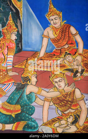 Vie de Bouddha. Peinture murale. Wat Inpeng. Vientiane. Laos. / Leben des Buddha. Decke Kunstwerke aus dem Leben des Buddha. Wat Inpeng. Ventiane. Stockfoto
