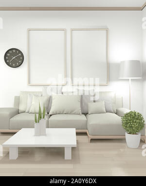 Mock up Poster Frame in Wohnzimmer mit gelben Sofa und Dekoration Pflanzen auf dem Boden Holz. 3D-Rendering Stockfoto