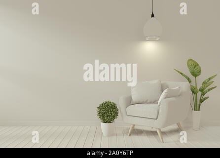 Mock up Interieur mit grauen Sessel und Dekoration Pflanzen im Wohnzimmer mit weißen Wand. 3D-Rendering Stockfoto