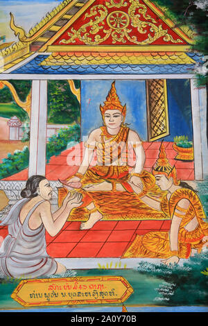 Vie de Bouddha. Peinture murale. Wat Inpeng. Vientiane. Laos. / Leben des Buddha. Wandbilder Gemälde. Wat Inpeng. Ventiane. Laos. Stockfoto