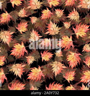 Nahtlose Aquarell halloween Muster der Herbst Ahorn Blätter auf schwarzem Hintergrund für den Einsatz auf Postkarten, Plakaten, Websites und Dekor. Stockfoto