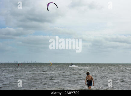 Die Biscayne Bay an einem windigen Sonntag Morgen mit vielen Kitesurfer genießen das Wetter als von Matheson Hammock Park gesehen; Key Biscayne ist im Hintergrund Stockfoto