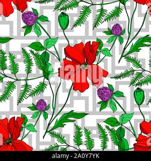 Vektor Wildblumen Blumen botanischen Blumen. Wild Federblatt wildflower isoliert. Schwarz und weiß eingraviert Tinte Art nahtlose Muster. Fabrikationsnr Stock Vektor