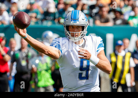 Philadelphia, Pennsylvania, USA. 22 Sep, 2019. Detroit Lions Quarterback Matthew Stafford (9) wirft den Ball während der NFL Spiel zwischen den Detroit Lions und die Philadelphia Eagles am Lincoln Financial Field in Philadelphia, Pennsylvania. Christopher Szagola/CSM/Alamy leben Nachrichten Stockfoto