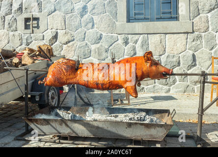 Ganze junge Ferkel am Spieß Spieß. Naplavka Street Food Festival. Stockfoto
