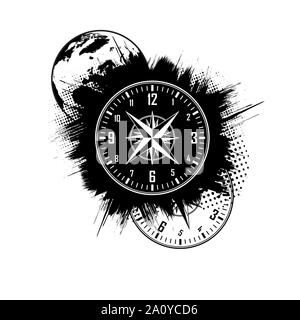 Schwarz grunge Design Elemente mit Weltkarte, Windrose und Uhr Stock Vektor