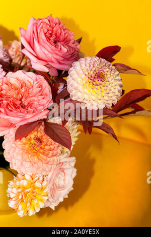 Florale Komposition von Dahlia Blumen, Rosen und Blätter im Herbst. Arty, leuchtend rot und rosa Blumenstrauß auf gelbem Hintergrund Stockfoto