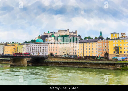 Salzburg, Österreich - Aquarell Stil. Stockfoto