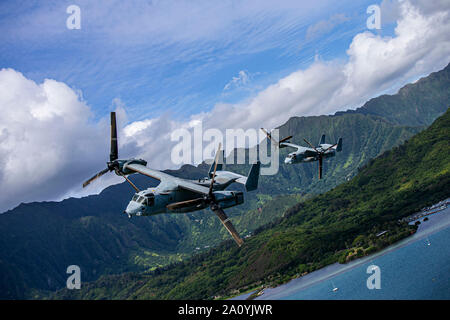 Us-Marines mit Marine Medium Tiltrotor Squadron 268, Marine Flugzeuge Gruppe 24, Rückkehr in die Marine Corps Base Hawaii im MV-22 Fischadler folgenden eine Antenne Angriff übung, 17. September 2019. VMM-268 für die Ausbildung neben Marines vom 2 Bataillon durchgeführt, 3. Marine Regiment, um die Kohärenz und Wirksamkeit zu erhalten. (U.S. Marine Corps Foto von Lance Cpl. Jakob Wilson) Stockfoto