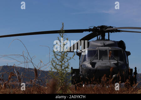 Eine Bahre team von der Marine Reserve Emergency Medical Service Camp Pendleton Last einer simulierten Patienten an Bord ein HH-60 Pave Hawk von 129 Rettung Wing an einem simulierten medevac Übung am westlichen Himmel jährliche Training Event an der Matrosen, Soldaten und Piloten Zug des California Air National Guard Leben im Camp Parks finden Kräfte Training Area, Kalifornien, zu speichern Sept. 14. Western Sky getestet, um die Fähigkeit der gemeinsamen finden Kräfte zusammenarbeiten, um effiziente medizinische Versorgung in einer Masse Unfall- Ereignis zur Verfügung zu stellen. (U.S. Armee Foto: Staff Sgt. Ian M. Kummer) Stockfoto