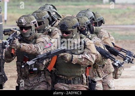 Eine ukrainische Special Forces Team bewegt sich unisono und bereitet eine Ausbildung als Geisel Sept. 20 während einer Demonstration des amerikanischen und des Ukrainischen militärische Feuerkraft in der Schnellen Trident2019 in Yavoriv, die Ukraine zu retten. Die beiden Nationen den Hauptteil an der 3.700 Teilnehmer an der jährlichen Übung, begann 2006. Schnelle Trident ist eine Erweiterung des Friedens Schild, eine staatliche Programm "Partnerschaft für den Frieden", 1996-2005. In diesem Jahr 14 Nationen teilnehmen. Besondere Würdenträger, einschließlich der Verteidigungsminister der Ukraine Andrew Zahorodniuk, und Anna Kovalenko, stellvertretender Leiter der Ukraine Präsidenten Büro, besuchte Stockfoto