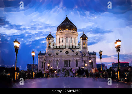 Beleuchteten Kathedrale von Christus dem Erlöser mit alten Straßenlaternen des Patriarchats Bridge bei Nacht umrahmt. Aquarell Stil. Stockfoto