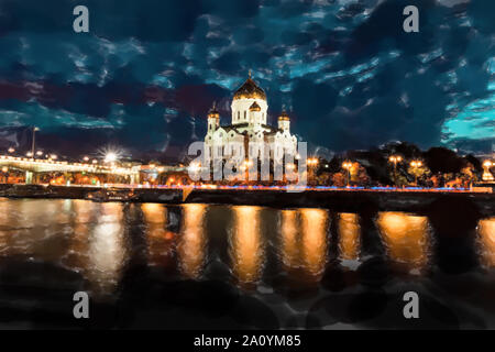 Beleuchteten Kathedrale von Christus dem Erlöser mit alten Straßenlaternen des Patriarchats Bridge bei Nacht umrahmt. Aquarell Stil. Stockfoto