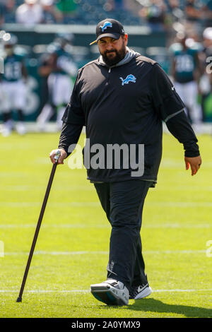 Philadelphia, Pennsylvania, USA. 22 Sep, 2019. Detroit Lions Head Coach Matt Patricia sieht vor der NFL Spiel zwischen den Detroit Lions und die Philadelphia Eagles am Lincoln Financial Field in Philadelphia, Pennsylvania. Christopher Szagola/CSM/Alamy leben Nachrichten Stockfoto