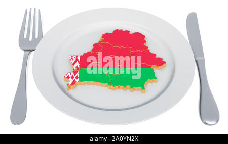 Weißrussische Küche Konzept. Mit Karte von Belarus. 3D-Rendering Stockfoto