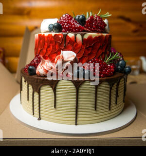 Geburtstag Wald Obst Käsekuchen mit schmelzender Schokolade. Erstaunlich, Süßware. Handgefertigte Dessert. Stockfoto