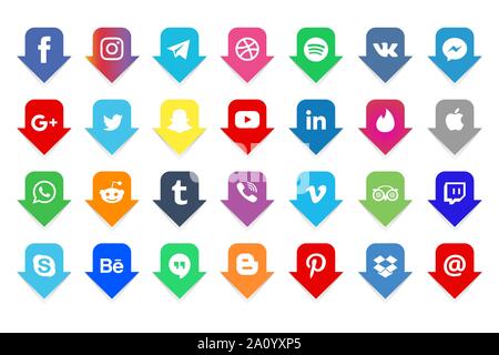 Facebook, Twitter, Instagram, Youtube, snapchat, Pöcking, whatsap, VK, viber, Google, Skype, Social Media Icons Set Sammlung von beliebten Social medi Stock Vektor