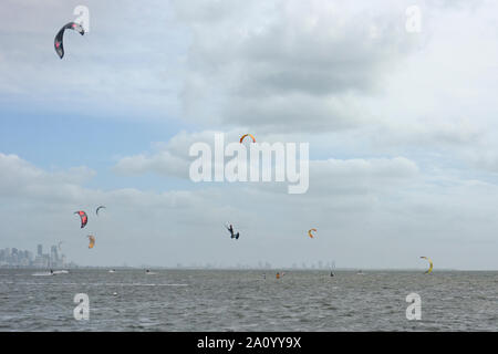 Die Biscayne Bay an einem windigen Sonntag Morgen mit vielen Kitesurfer genießen das Wetter als von Matheson Hammock Park gesehen Stockfoto