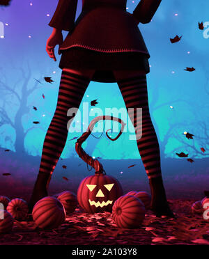 Fantasy Hexe in der Halloween Nacht, 3D-Darstellung Stockfoto