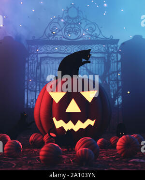 Schwarze Katze sitzt auf Halloween Kürbis in der Halloween Nacht, 3D-Darstellung Stockfoto