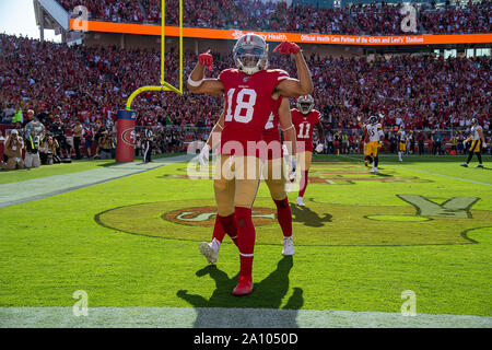 Santa Clara, CA, USA. 22 Sep, 2019. San Francisco 49ers wide receiver Dante Pettis (18) reagiert, nachdem er zählt die gewinnenden Touchdown im vierten Quartal bei einem Spiel bei Levi's Stadion am Sonntag, Sept. 22, 2019 in Santa Clara. Credit: Paul Kitagaki jr./ZUMA Draht/Alamy leben Nachrichten Stockfoto