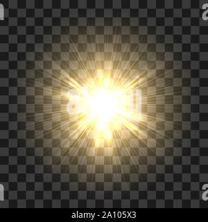 Realistische Sonnenstrahlen. Yellow Sun Ray glow Abstrakte Licht Effekt starburst sbeam Sonnenschein leuchtende auf transparentem Hintergrund isoliert. Vektor illust Stock Vektor