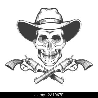 Schädel in einem Western Hut und einem Paar gekreuzter Faustfeuerwaffen in Tattoo Stil gezeichnet. Vector Illustration. Stock Vektor