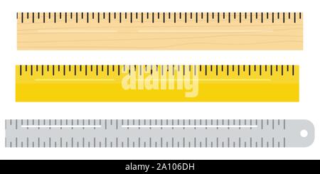 Vektor flache Bauform Abbildung verschiedener Material Holz, Metall, Kunststoff Lineal Instrument Symbol auf weißem isoliert Stock Vektor