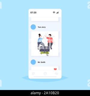 Fett fettleibig Paar trainieren während der TV-Show übergewichtiger Mann Frau Ausbildung während Sie Fitness Programm Home Training Gewicht Verlust Begriff Smartphone Stock Vektor