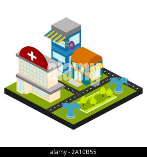 Isolierte Skyline einer 3D-Stadt über einem weißen Hintergrund - Vektor Stock Vektor