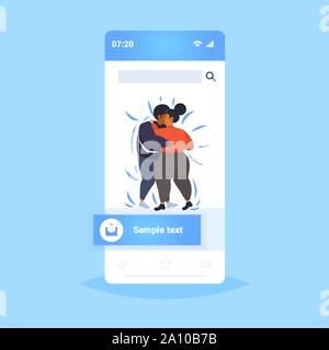 Fett fettleibig Paar tanzen zusammen Übergewicht afrikanische amerikanische Mann Frau umarmt Gewichtsverlust Adipositas Konzept der Bildschirm des Smartphones online mobile App flach Stock Vektor