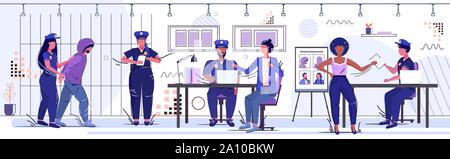 Polizistin Holding verhaftet Gefangene Offiziere Team bei Polizei Security Authority Gerechtigkeit recht Service Konzept Gefängnis Büro arbeiten Stock Vektor