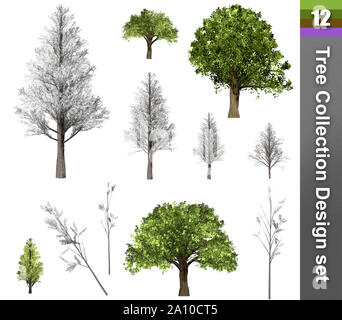 Baum Korrektur Design. 3D-Darstellung. Weißer Hintergrund isolieren. Natur und Gärten Design. Stockfoto