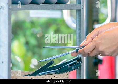 Die Hand am Steak Messer und Messer schneiden eine Menge in den Warenkorb. Stockfoto