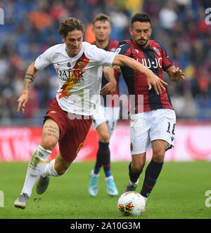 Bologna, Italien. 22 Sep, 2019. Roma's Nicolo Zaniolo (L) Mias mit Bologna Nicola Sansone während einer Serie ein Fußballspiel zwischen Bologna und Roma in Bologna, Italien, Sept. 22, 2019. Credit: Alberto Lingria/Xinhua Stockfoto