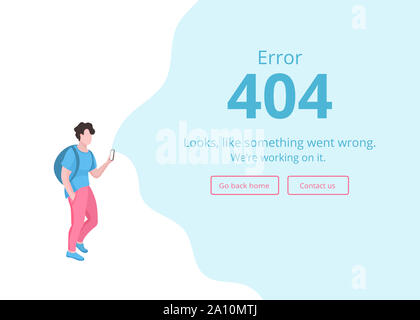 Fehler 404 Seite Konzept website Abbildung. Cool und trendig erwachsenen Mann oder Teenager mit Smartphone und mobile App, erhalten Sie einen Fehler 404 Nachricht, surfen Reisen Webseite oder mobile Buchung app Stockfoto